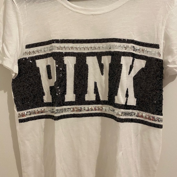 Victoria’s Secret Pink Black & White Sequin Logo T-Shirt Size L New W/O Tag - Picture 4 of 7